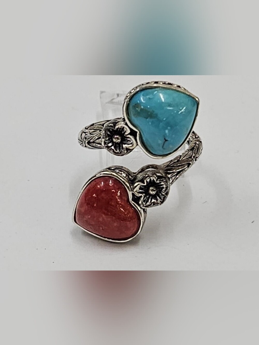 Southwest Style turquoise & coral sterling silver Rope Band Hearts Flowers